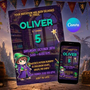 Pode incluir: Um cartão de convite de aniversário e um smartphone exibindo o mesmo design. O convite apresenta um mago de desenho animado, uma varinha mágica e o texto: Oliver is turning 5, Saturday October 28th, 3:00-6:00 P.M., Brewster's Potion Academy, 13 Cauldron Court, Salem, MA 01970, RSVP: Mandy (512) 555-2741, Don't be late!