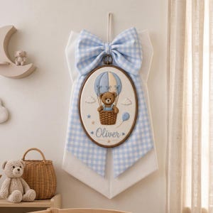 Teddy Bear Balloon Embroidered Hoop Set, Personalized Baby Name Bow Sash, Newborn Hospital Gifts Decor, Custom Name Nursery Decor,Name Signs