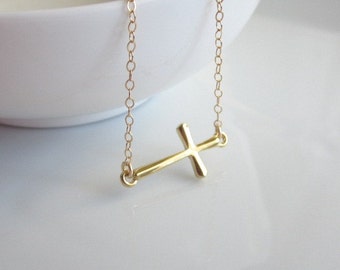 Sideways Cross Necklace, tiny cross necklace, gold cross necklace, dainty necklace, minimalist jewelry