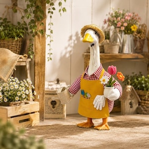 May include: A white goose figurine wearing a straw hat, a red and white checkered shirt, and a yellow apron. The goose holds a small metal watering can in one wing and a white pot containing three felt flowers in the other wing.