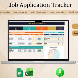 May include: A digital job application tracker displayed on a laptop screen, featuring sections for upcoming deadlines, interview schedules, and application status overviews with a pie chart. Includes 7 tabs, Excel and Google Sheets compatibility.