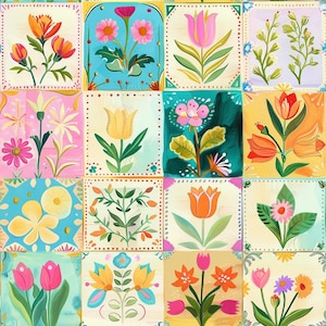 May include: A grid of sixteen square tiles featuring various hand-painted floral illustrations. Each tile displays different flowers including tulips, daisies, and leafy stems in vibrant colors like orange, pink, yellow, and teal against light backgrounds.