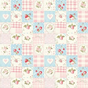 May include: A patchwork fabric pattern featuring repeating squares with illustrations of red cherries, strawberries, pink roses in circular frames, white hearts, pink gingham checks, and light blue polka dots on a soft pastel background.