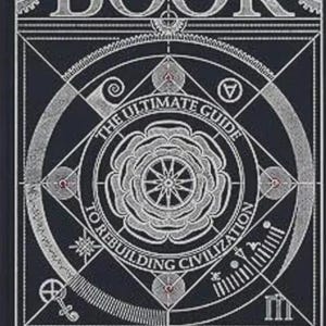 Puede incluir: Un libro de tapa dura negro titulado THE BOOK THE ULTIMATE GUIDE TO REBUILDING CIVILIZATION. La portada presenta intrincados dibujos de líneas geométricas en blanco, incluyendo un mandala floral central, diagramas circulares y símbolos técnicos.