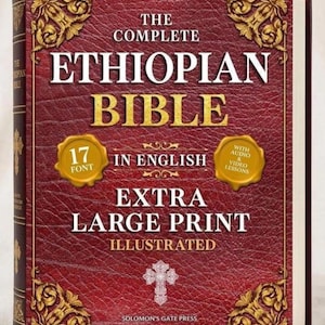 以下が含まれることがあります： 「The Complete Ethiopian Bible in English」というタイトルのハードカバー本。質感のある深い赤色の表紙に、金色の装飾的なコーナーアクセントが施されています。表紙には、特大フォント、フォントサイズ17、音声およびビデオレッスンに関するテキストと、中央に十字架が描かれています。