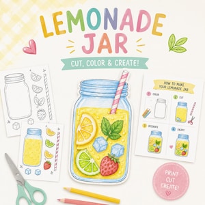 Könnte beinhalten: Ein druckbares Bastelset mit dem Titel LEMONADE JAR, das eine zentrale Illustration eines Einmachglases mit gelber Limonade, einer Erdbeere, Minzblättern, Eiswürfeln und einem gestreiften Strohhalm sowie Anleitungsblätter, eine Schere und Buntstifte enthält.