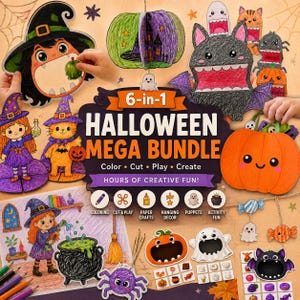 Może przedstawiać: Zestaw kreatywny 6-w-1 Halloween Mega Bundle zawierający różne wycinanki z papieru, w tym czarownicę, kota, nietoperza, dynię i ducha. Zestaw zawiera kolorowanki, pacynki oraz wiszące dekoracje z napisem 6-in-1 Halloween Mega Bundle.