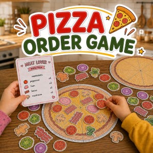 May include: A Pizza Order Game set featuring a Meat Lover order card, two circular cardboard pizza crusts, and various paper pizza topping cutouts including pepperoni, ham, bacon, mushrooms, and green vegetables on a wooden surface.