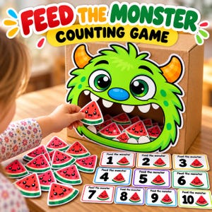 May include: A cardboard box featuring a large green monster with orange horns and a wide open mouth. The game includes small watermelon-shaped pieces with faces and rectangular cards numbered 1 through 10, each showing a watermelon slice.