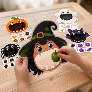 Könnte beinhalten: Ein interaktives Halloween-Spiel mit einer zentralen Hexenfigur mit weit geöffnetem Mund, umgeben von Ausschnitten eines Kürbisses, Geistes, einer Fledermaus und einer Spinne. Kleine quadratische Karten zeigen verschiedene Leckereien.