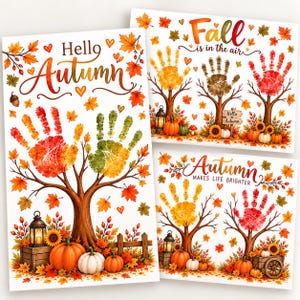 May include: Three white posters featuring autumn-themed illustrations of trees with handprint-shaped leaves in shades of red, orange, and yellow. The designs include pumpkins, lanterns, sunflowers, and text such as Hello Autumn, Fall is in the air, and Autumn makes life brighter.