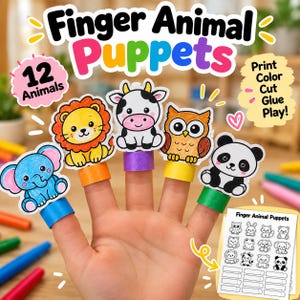 Può includere: Un set di 12 marionette da dito in carta raffiguranti un elefante blu, un leone giallo, una mucca bianca e nera, un gufo marrone e un panda bianco e nero. Le marionette sono fissate su anelli di carta colorati. Include un foglio stampabile.