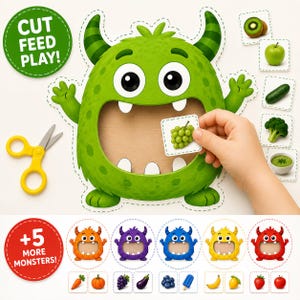 Puede incluir: Un tablero de actividades con forma de monstruo verde y una boca grande abierta, con el texto CUT FEED PLAY. Incluye tijeras de seguridad amarillas y pequeñas tarjetas cuadradas que representan varias frutas y verduras como uvas, kiwi y brócoli.