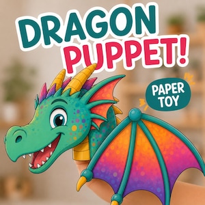 Paper Dragon Finger Puppet Printable PDF, DIY Kids Craft Template, Instant Download Paper Toy, Dragon Puppet Activity for Children