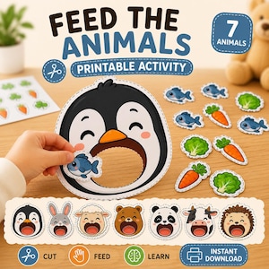 Könnte beinhalten: Ein druckbares Aktivitätsset mit dem Titel FEED THE ANIMALS, das einen großen Pinguin-Ausschnitt mit offenem Mund zeigt. Enthält sieben Tiergesichter, verschiedene Lebensmittel wie Karotten, Fisch und Brokkoli sowie Aktionssymbole.