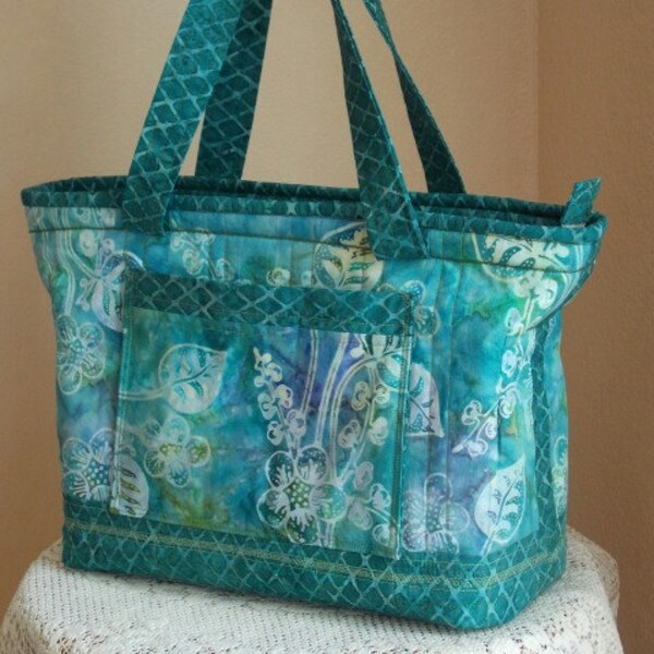 Tissus batik de grand matelassé fait main fourre-tout sac à main sac à main cadeau printemps été tons verts, aqua, teal, violet, haut de tirette de lavande
