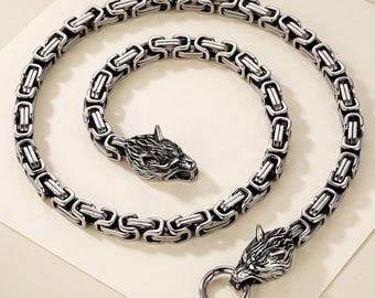 Silver Stainless Steel Wolf Head Viking Necklace, 25" Byzantine Chain