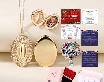Gold Floral Oval Photo Locket Necklace with Adjustable Chain and Gift Box