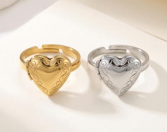 Heart Shaped Memorial Photo Locket Ring Set in Stainless Steel, Adjustable Band Size 6-9