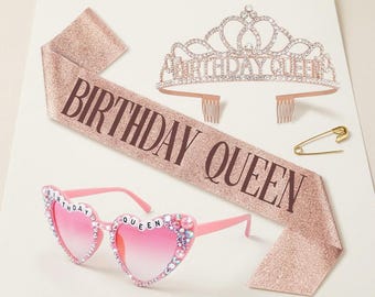 Birthday Queen Rhinestone Crown & Heart Sunglasses Party Props, Multicolor Bachelorette Decorations