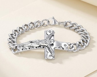 Men's Stainless Steel Jesus Cross Bracelet, 8.5" Cuban Link Chain in Silver