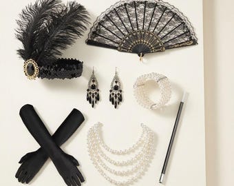 1920s Flapper Accessories Set - Vintage Black Metal Costume for Gatsby Themed Events