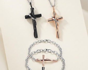 Stainless Steel Faith Cross Chain Bracelet and Necklace Jewelry Set for Couples