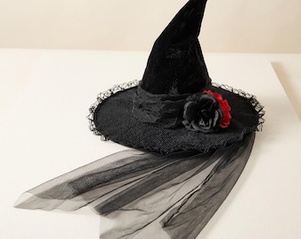 Gothic Black Wizard Hat with Red Rose Lace Fringe for Women's Costume Cosplay