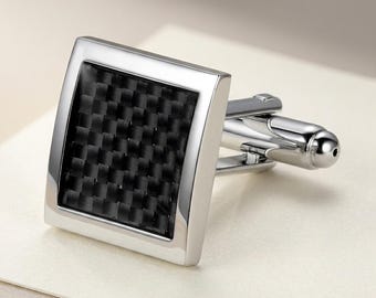 Stainless Steel Carbon Fiber Cufflinks for Men, Vintage-Style Wedding Gift in Black