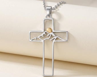 Stainless Steel Mustard Seed Cross Charm Necklace, 20in Religious Pendant, Christian Faith Jewelry