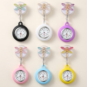 Dragonfly Nurse Watch Clip On Fob Brooch, Stainless Steel, Casual Analog Timepiece, 6pc Set 画像 1