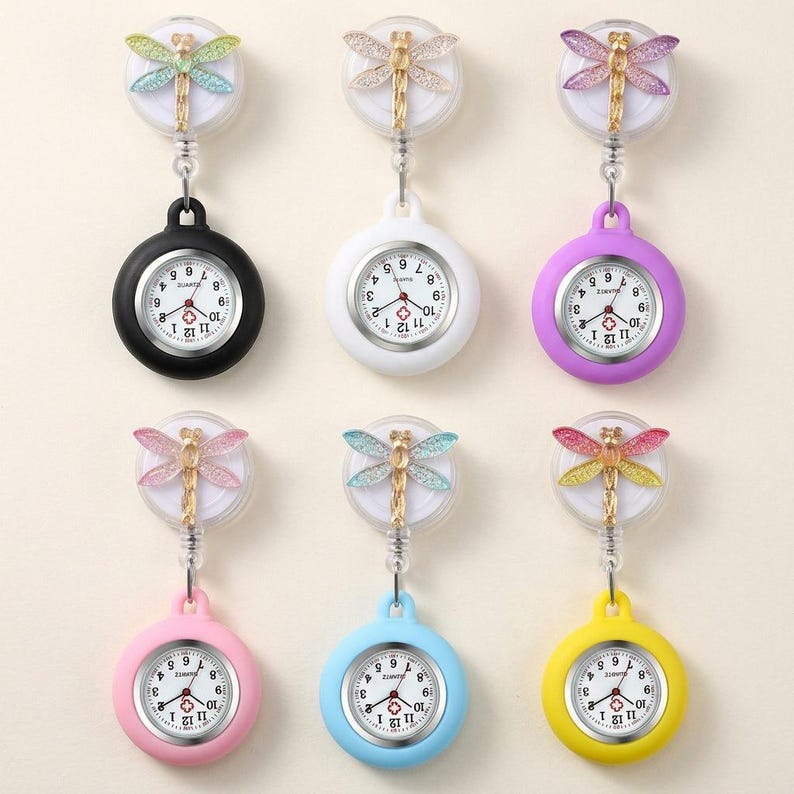 Dragonfly Nurse Watch Clip On Fob Brooch, Stainless Steel, Casual Analog Timepiece, 6pc Set 画像 1