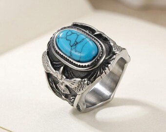 Turquoise Stone Men's Wedding Band Ring, Stainless Steel, Size 9-14, Valentine's Day Gift