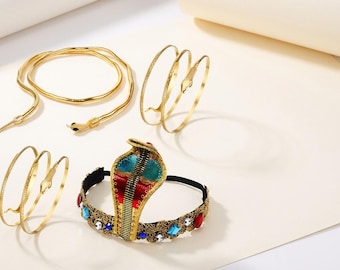 Egyptian Cleopatra Headband and Choker Jewelry Set with Arm Cuff - Gold Alloy Halloween Costume