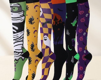 Multicolor Women's Compression Socks 15-20mmHg Knee High - 6 Pairs for Halloween Costumes
