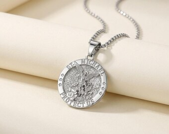 Stainless Steel St Michael Medal Pendant Necklace - 22" Christian Protection Charm