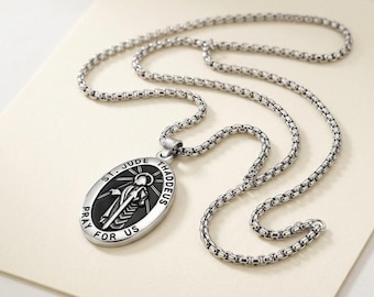 Saint Jude Thaddeus Oval Medal Pendant Necklace in Stainless Steel, 22 inch