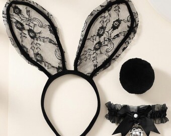 Black Vintage Rabbit Ears Headband, Bell Choker, Tail Costume Set for Women