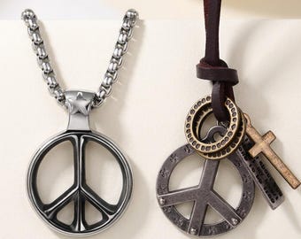 Men's Peace Sign Pendant Necklace Set | Stainless Steel, Faux Leather Chain