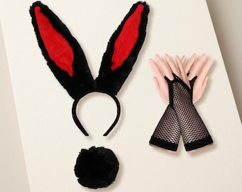 Vintage 1920s Bunny Costume Set with Black Ears Headband, Gloves, and Tail for Women