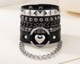 Punk Goth Bangle Bracelet Set, Heart Chain, Rivet Detail, Leather Stainless Steel