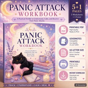 May include: A Panic Attack Workbook with a cover featuring a black cat holding a pink star pillow, books, a mug, and a candle. The digital product includes 5 worksheets and 1 cover in 8.5 x 11 inch US letter size, compatible with Goodnotes and printable.