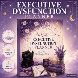 Può includere: Un planner Executive Dysfunction Planner viola con un'illustrazione di un gatto nero, una tazza, una candela e una pila di libri. La copertina presenta testo tra cui 'Executive Dysfunction Planner', 'A Gentle Planner to Start, Focus & Get Things Done' e piccoli appunti con frasi come 'too much' e 'so many tasks'.