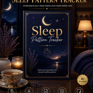 May include: A dark blue Sleep Pattern Tracker book with gold text and a moonlit mountain landscape illustration. The cover features the title Sleep Pattern Tracker, a crescent moon, and text about tracking sleep habits and healthy patterns.
