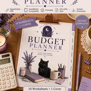 May include: A digital budget planner template featuring a purple and white color scheme with a black cat illustration. The cover displays the text Budget Planner, Plan Your Money, Build Your Future, and includes 10 worksheets, 1 cover, and tabs.