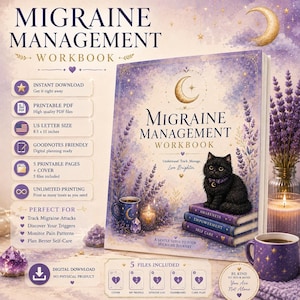 Könnte beinhalten: Ein digitales Migräne-Management-Arbeitsbuch mit einem violetten Einband, auf dem eine schwarze Katze auf Büchern mit der Aufschrift Awareness, Empowerment und Self Care sitzt. Das Design zeigt Lavendel, einen Halbmond und eine Tasse.