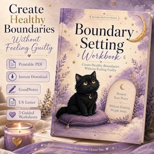 May include: A Boundary Setting Workbook with a purple cover featuring a black cat on a cushion, a crescent moon, and text reading "Create Healthy Boundaries Without Feeling Guilty" and "Protect Your Peace Without Pushing People Away."