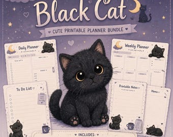 Moonlight Black Cat Planner Bundle, Printable Daily & Weekly for GoodNotes