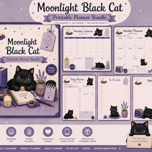 May include: A Moonlight Black Cat printable planner bundle featuring a spiral-bound cover, monthly calendar, weekly planner, daily planner, to-do list, and notes pages. The design includes illustrations of black cats, lavender, and moons.