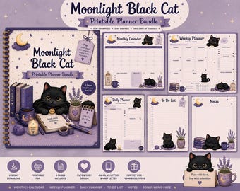 May include: A Moonlight Black Cat printable planner bundle featuring a spiral-bound cover, monthly calendar, weekly planner, daily planner, to-do list, and notes pages. The design includes illustrations of black cats, lavender, and moons.